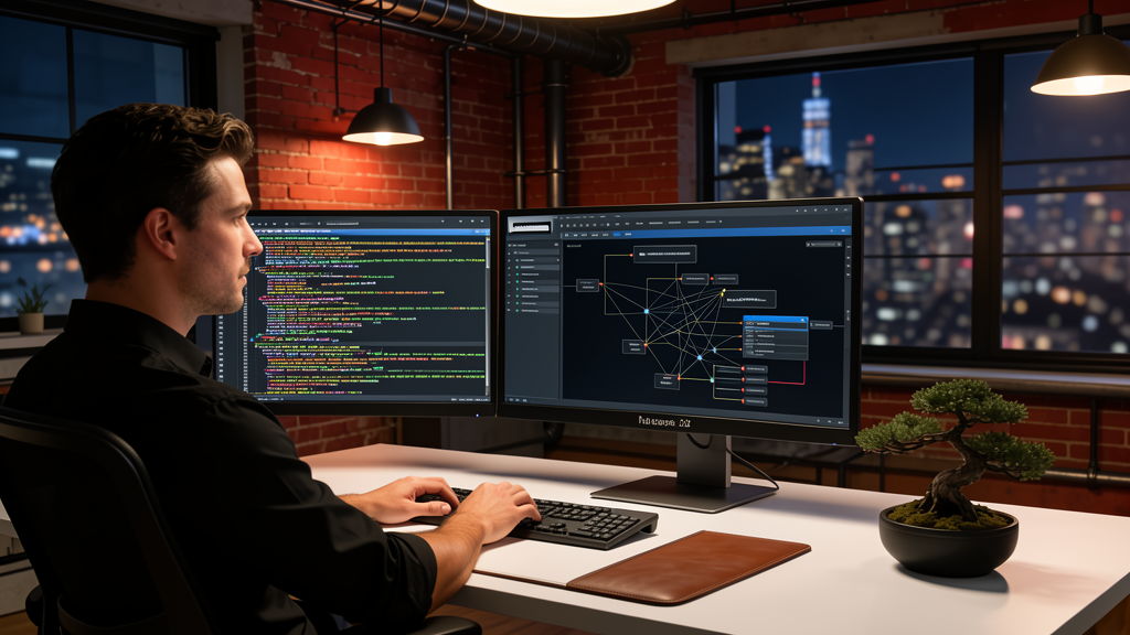 An IT professional in a modern NYC loft at night analyzing server logs and a complex database schema diagram on dual monitors to classify website errors.