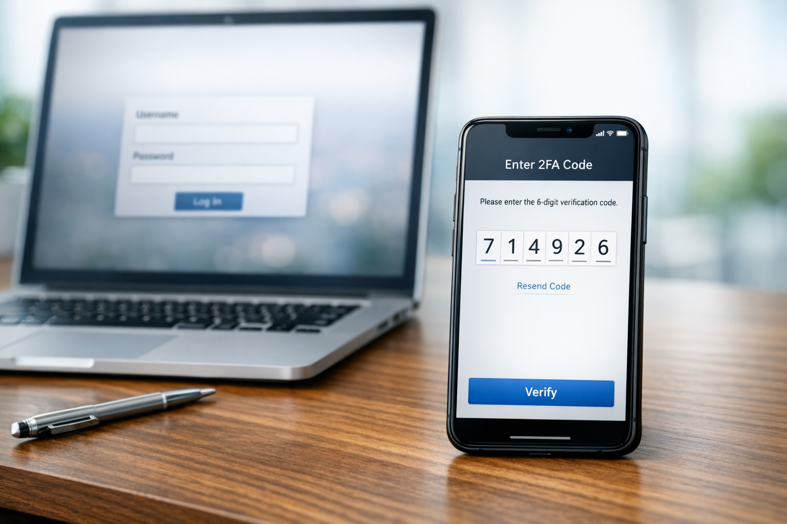 Smartphone on a wooden desk displaying a two-factor authentication passcode next to a laptop.