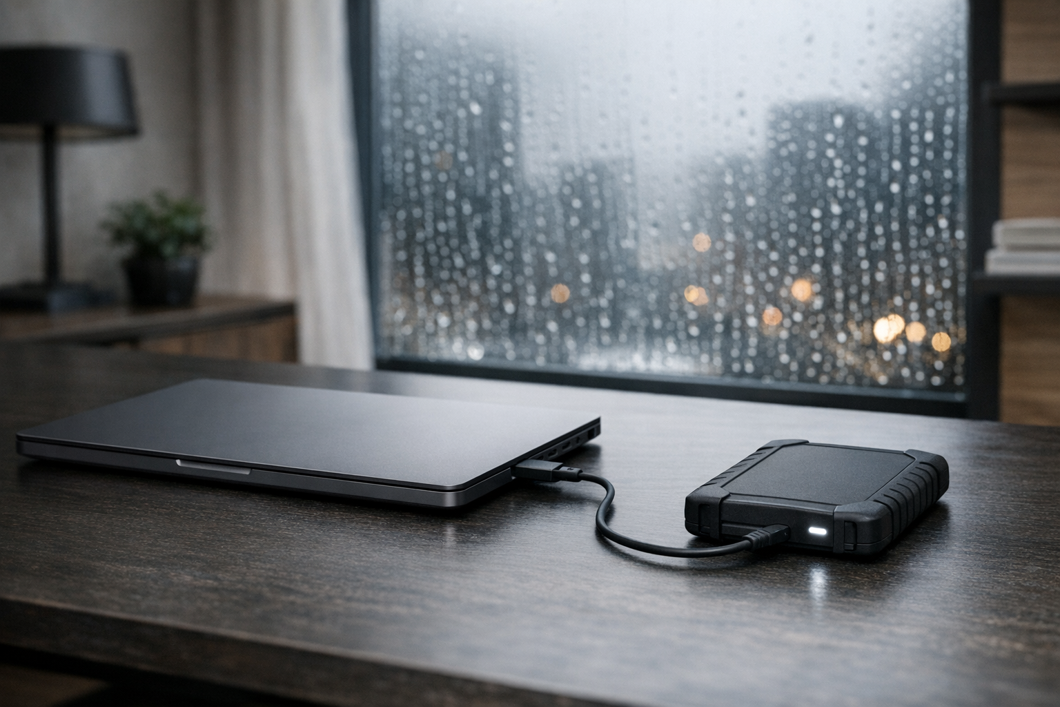 Sleek laptop connected to a rugged external solid-state drive on a minimalist desk.