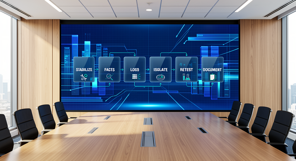 A step-by-step website troubleshooting workflow diagram showing seven diagnostic stages: Stabilize, Facts, Logs, Isolate, Retest, Database Check, and Document.