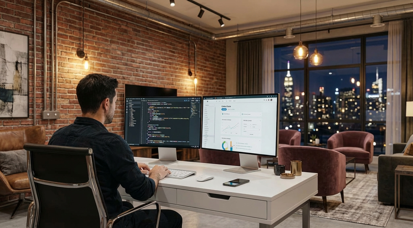3D cyber scene with teal circuit lines, a central shield shape, and floating dashboard panels showing abstract status indicators. 