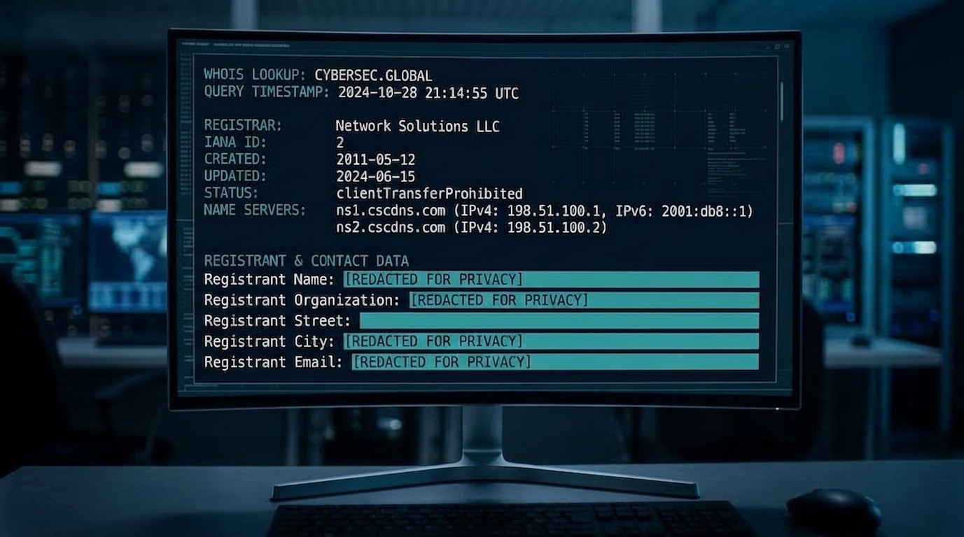 A dark-mode data panel showing WHOIS domain records with personal contact information obscured by privacy masking bars.