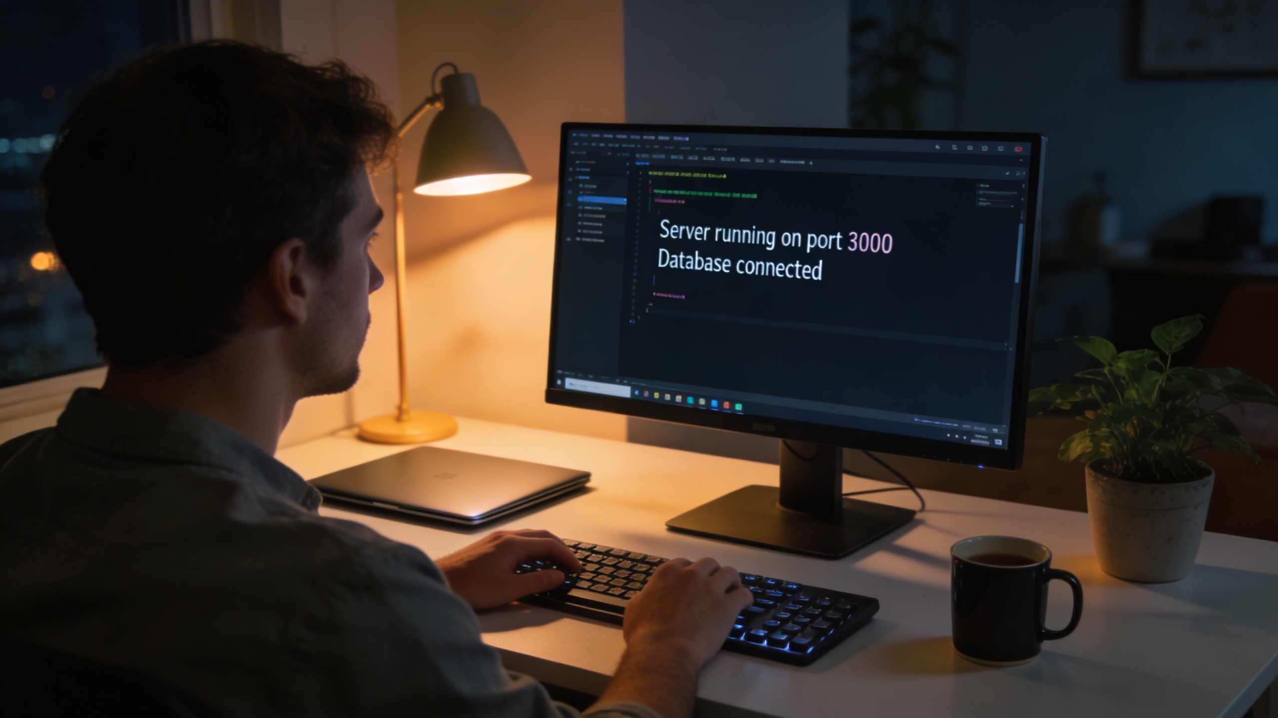 Developer monitor displaying a dark-mode terminal window running a successful database script.