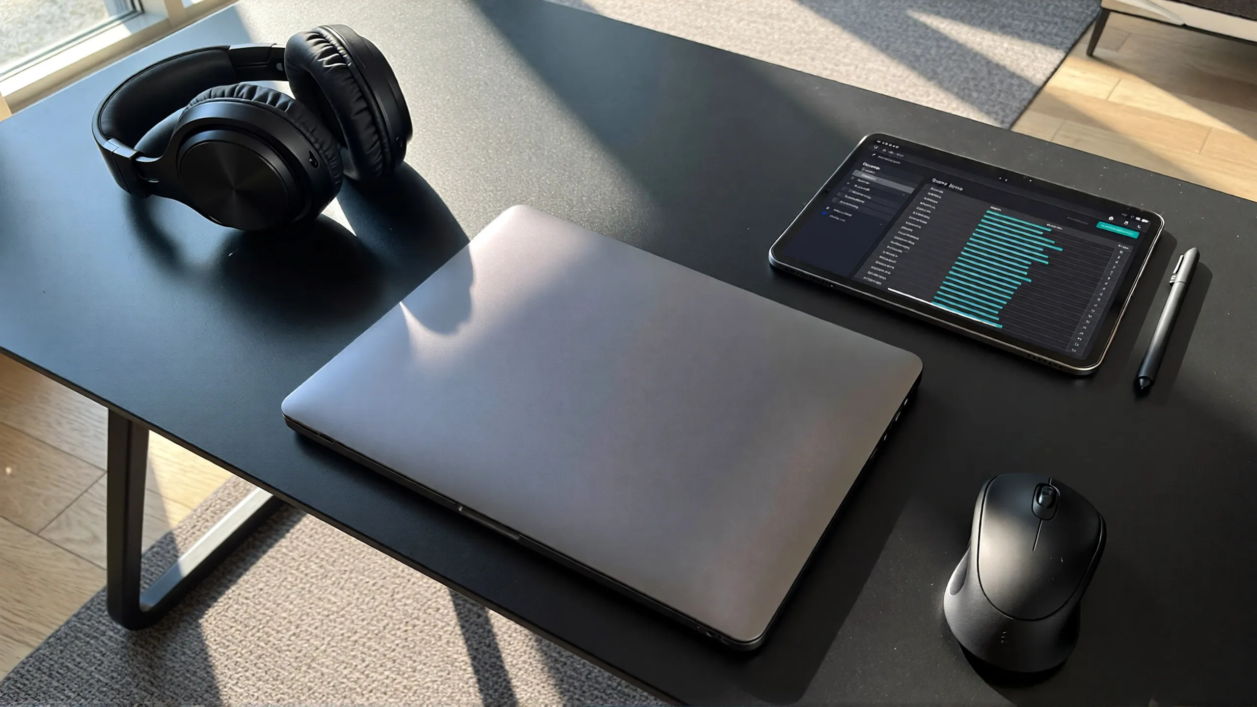 Top-down minimalist "flat lay" view of a premium laptop, digital tablet with stylus, wireless mouse, and high-end headphones on a matte black desk surface.