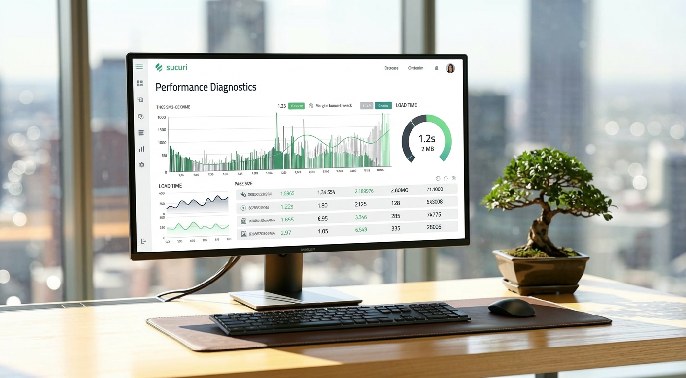 "A high-end modern office desk with a Sucuri monitor displaying a combined Website Performance & SEO Diagnostics dashboard, showing performance metrics alongside organic search impressions, keyword rankings, and an on-page SEO checklist