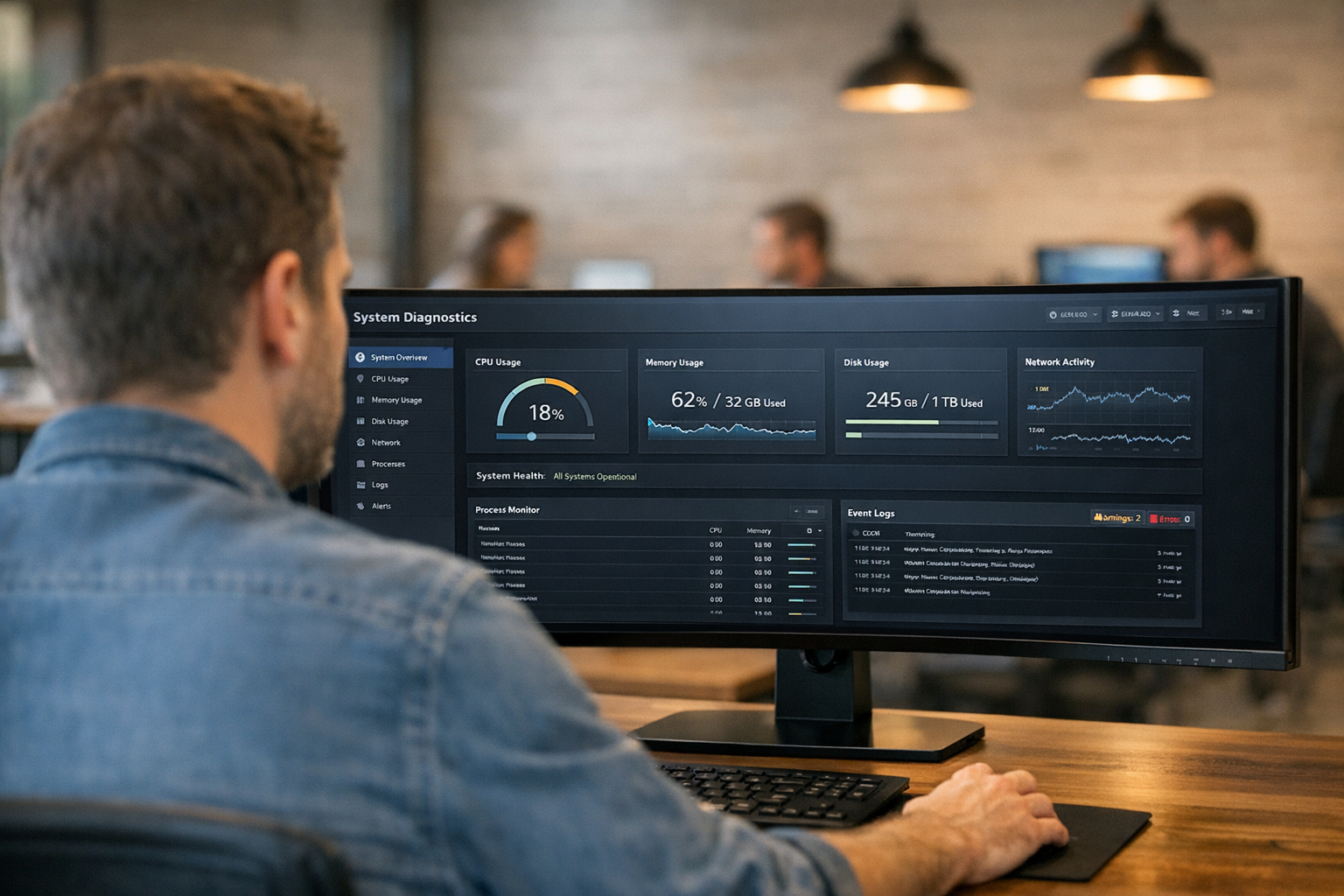 Web developer in a modern co-working space reviewing a dark-mode diagnostic panel on an ultra-wide monitor.