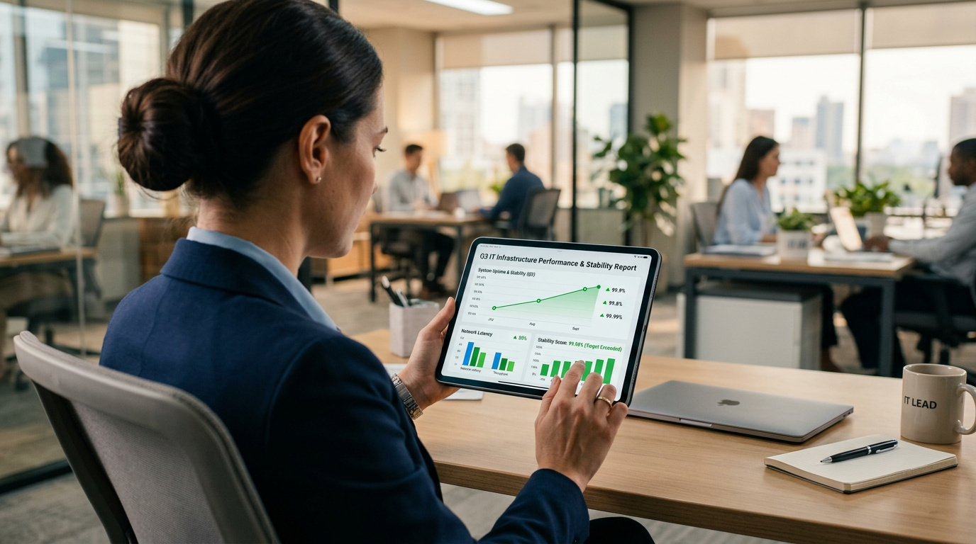 IT manager reviewing a digital performance and stability report on a tablet in a modern office.