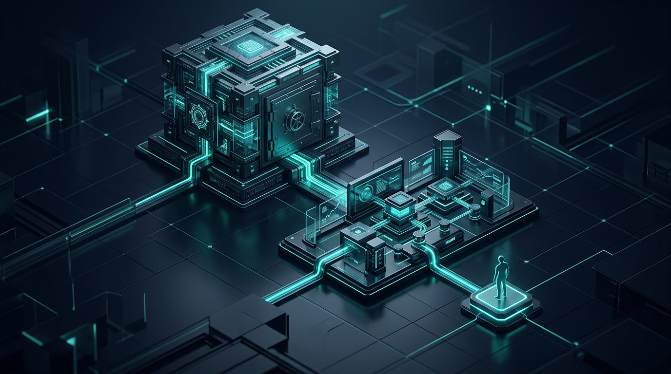 An isometric diagram showing the hierarchical relationship between a domain registry, registrar, and registrant.