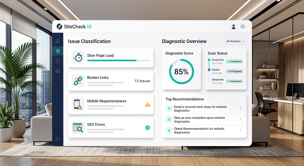 A modern SaaS dashboard interface displaying website issue classification, including slow page loads and broken links, alongside an 85 percent diagnostic score.