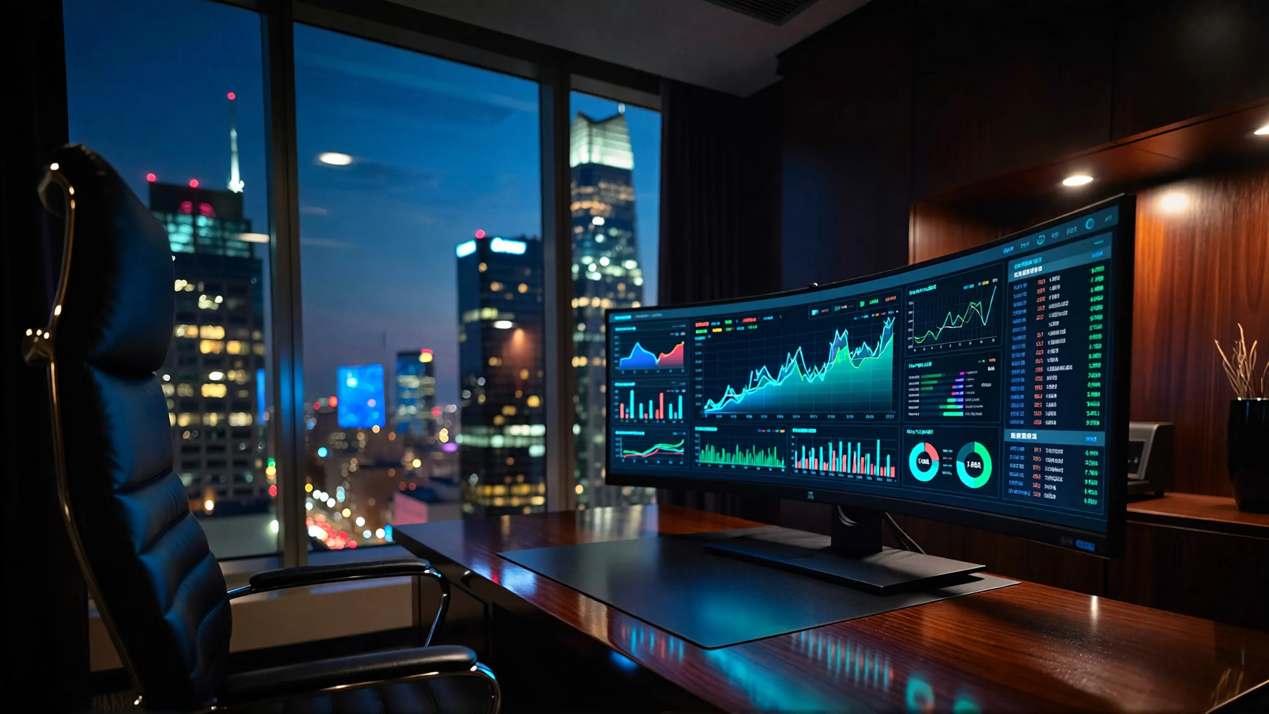 Curved ultra-wide monitor displaying uptime graphs and performance metrics in a dark high-rise office at night.