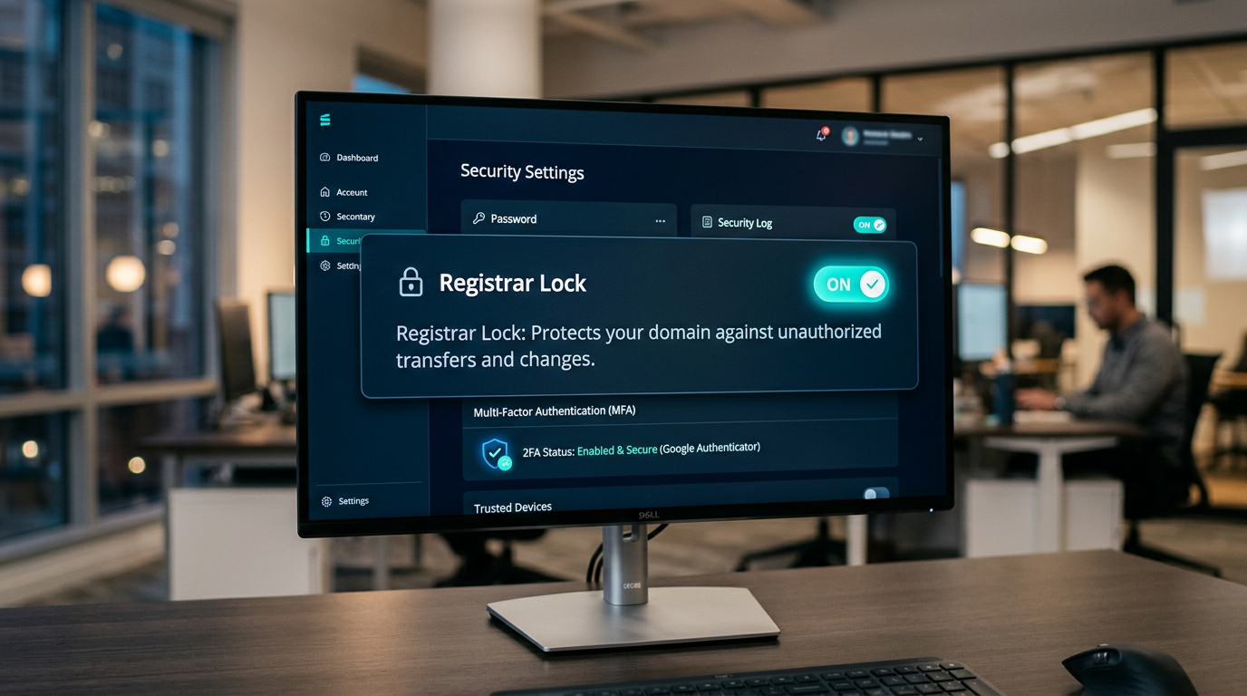 A security settings dashboard showing a Registrar Lock toggle switch enabled and two-factor authentication active.