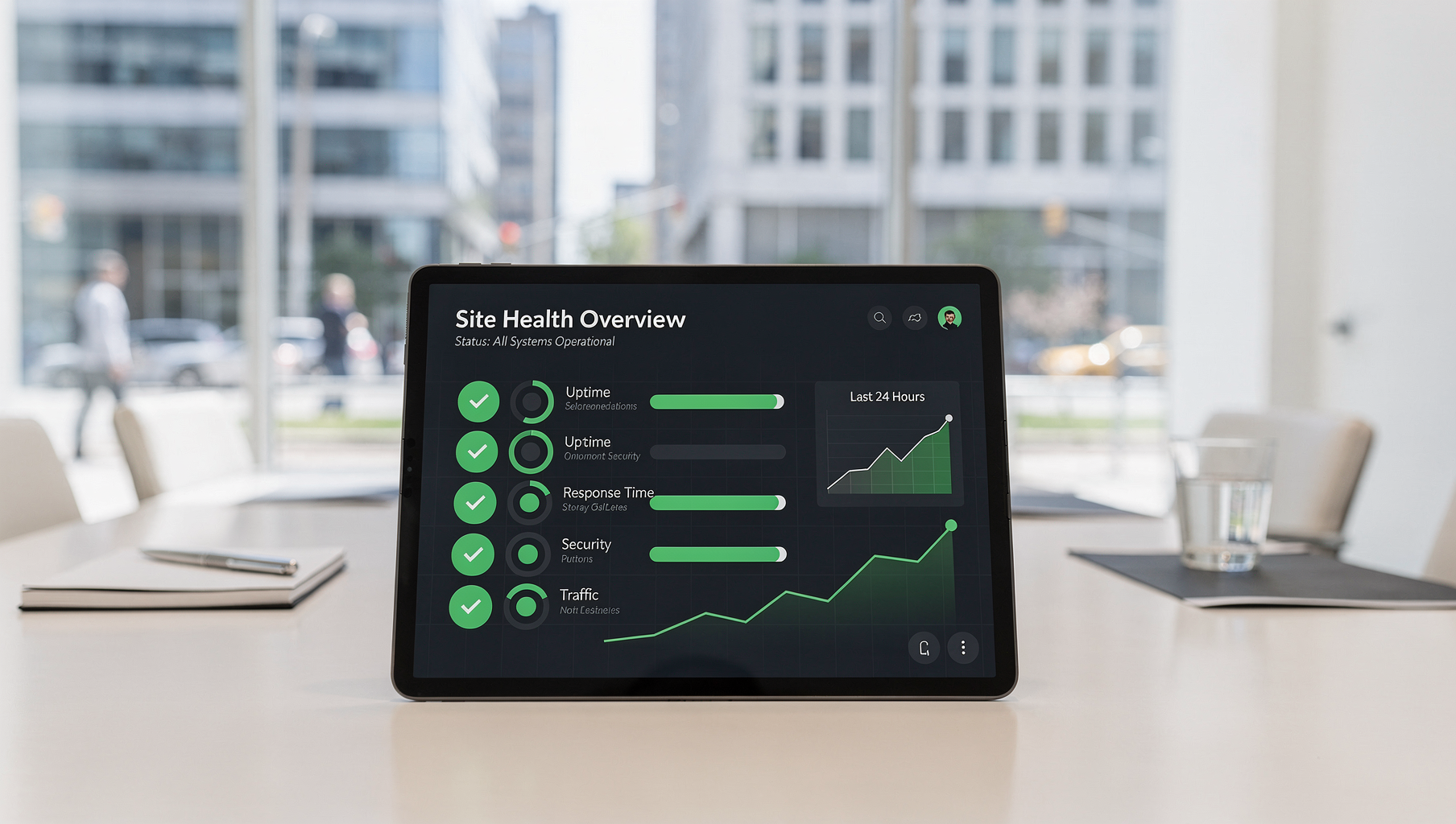 Digital tablet on a white conference table displaying a healthy WordPress dashboard in a sunlit corporate boardroom.