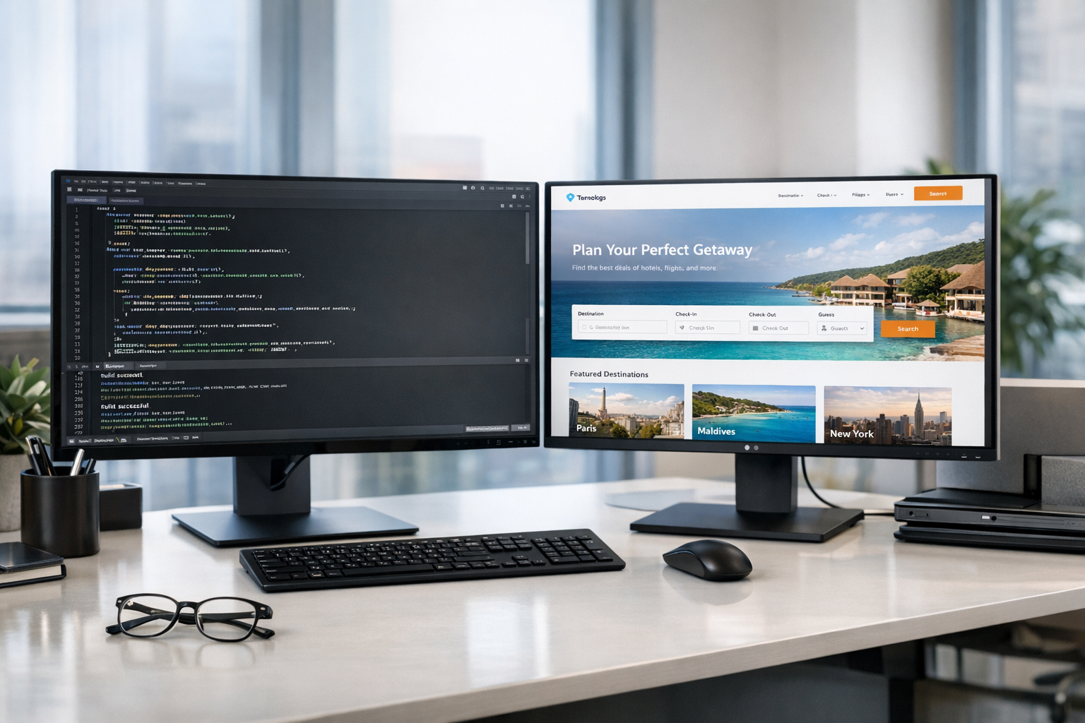 Dual monitors on a desk showing a staging code environment next to a live website interface.