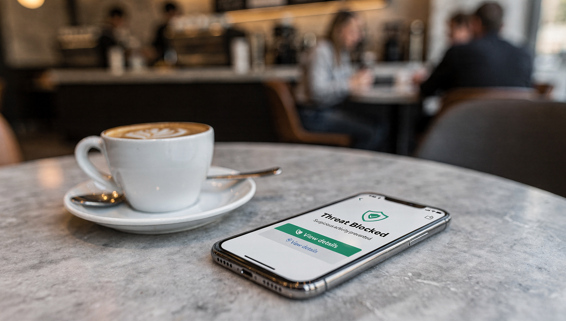 Smartphone on a marble cafe table displaying a firewall threat blocked notification.
