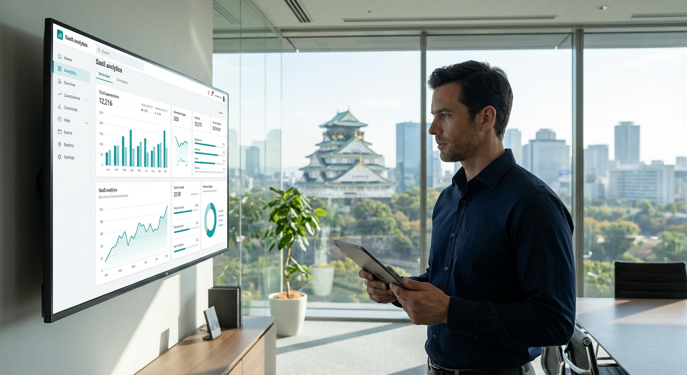 IT professional analyzing a website troubleshooting and performance dashboard on a large monitor in a modern office.
