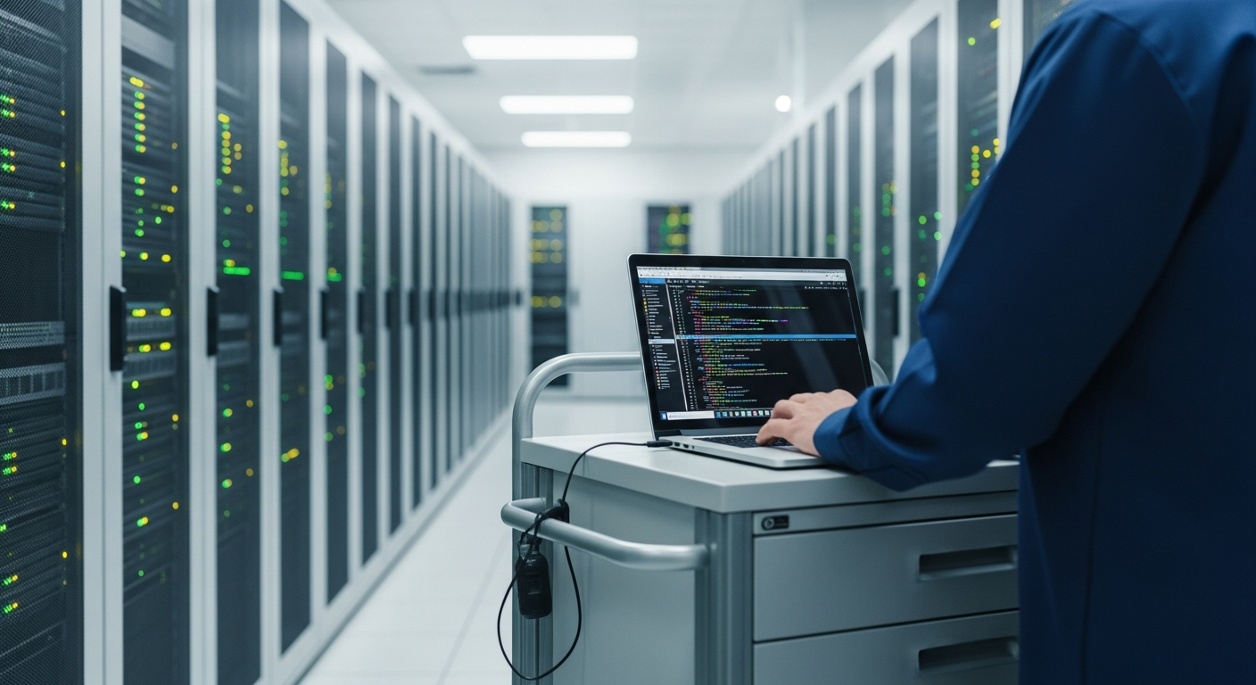 IT technician in an enterprise server room reviewing server logs on a laptop at a mobile crash cart.