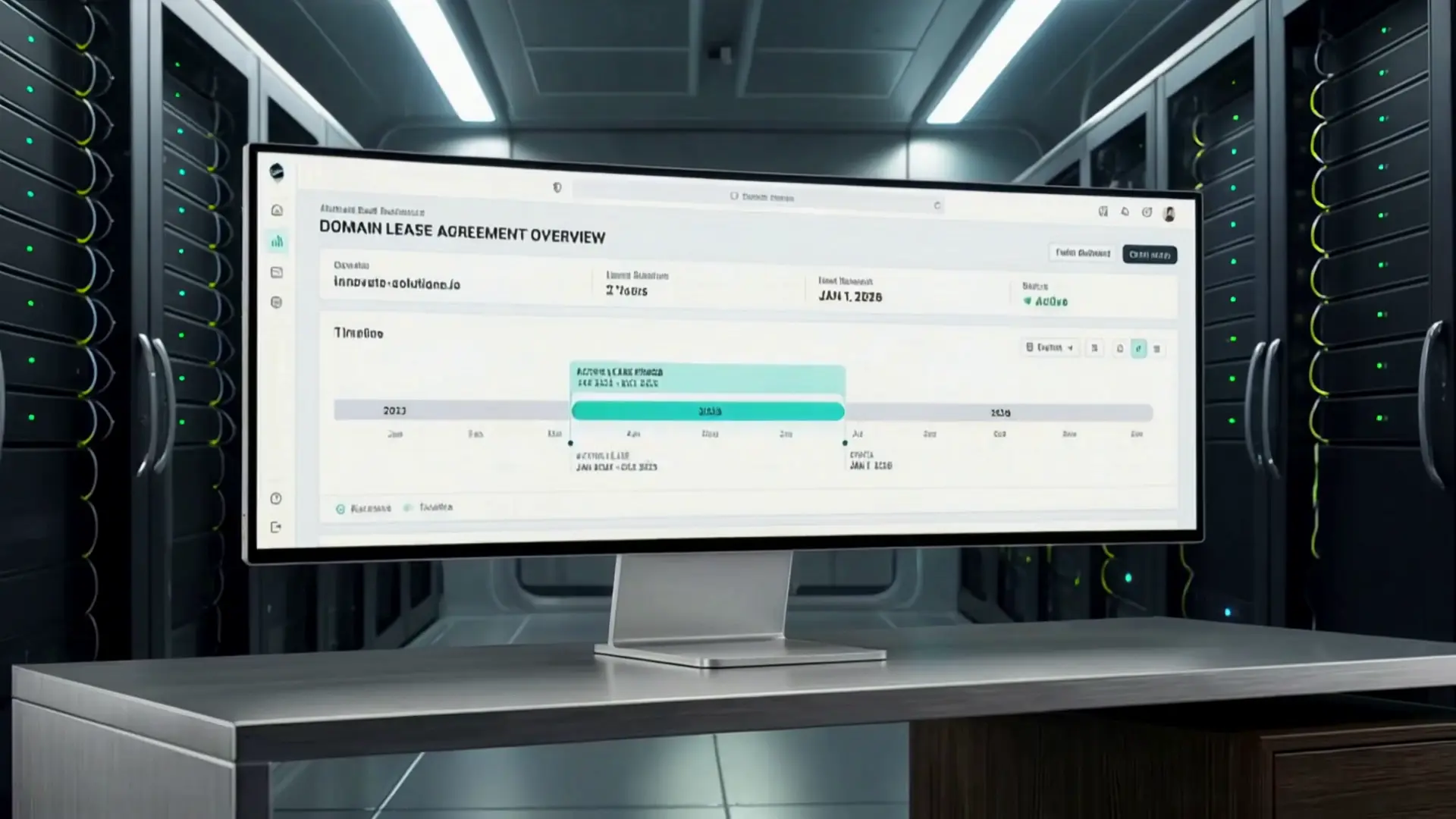 A digital dashboard showing a domain registration timeline and active lease period.
