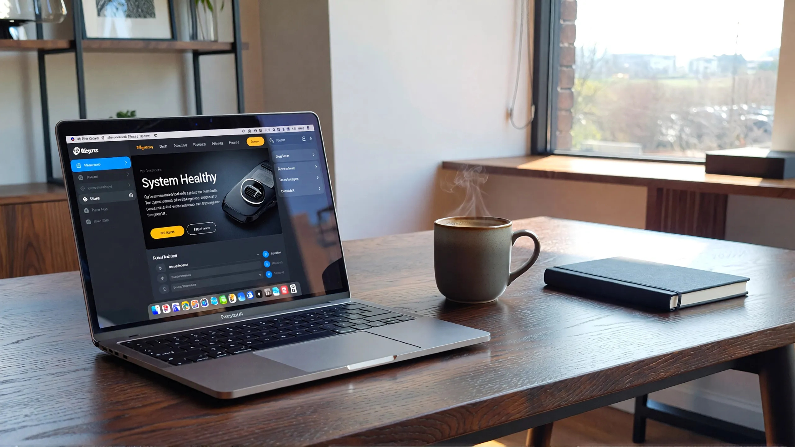 Premium laptop on a clean wooden desk displaying a healthy system status dashboard in a bright office.