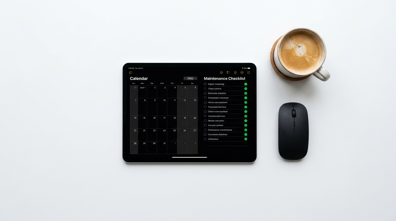 Top-down flat lay of a digital tablet displaying a maintenance checklist on a white desk next to coffee.