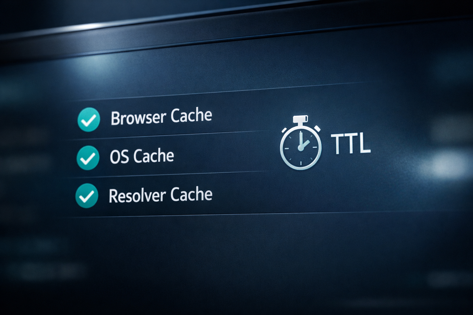 A digital dashboard showing browser, OS, and resolver caching layers next to a TTL indicator.