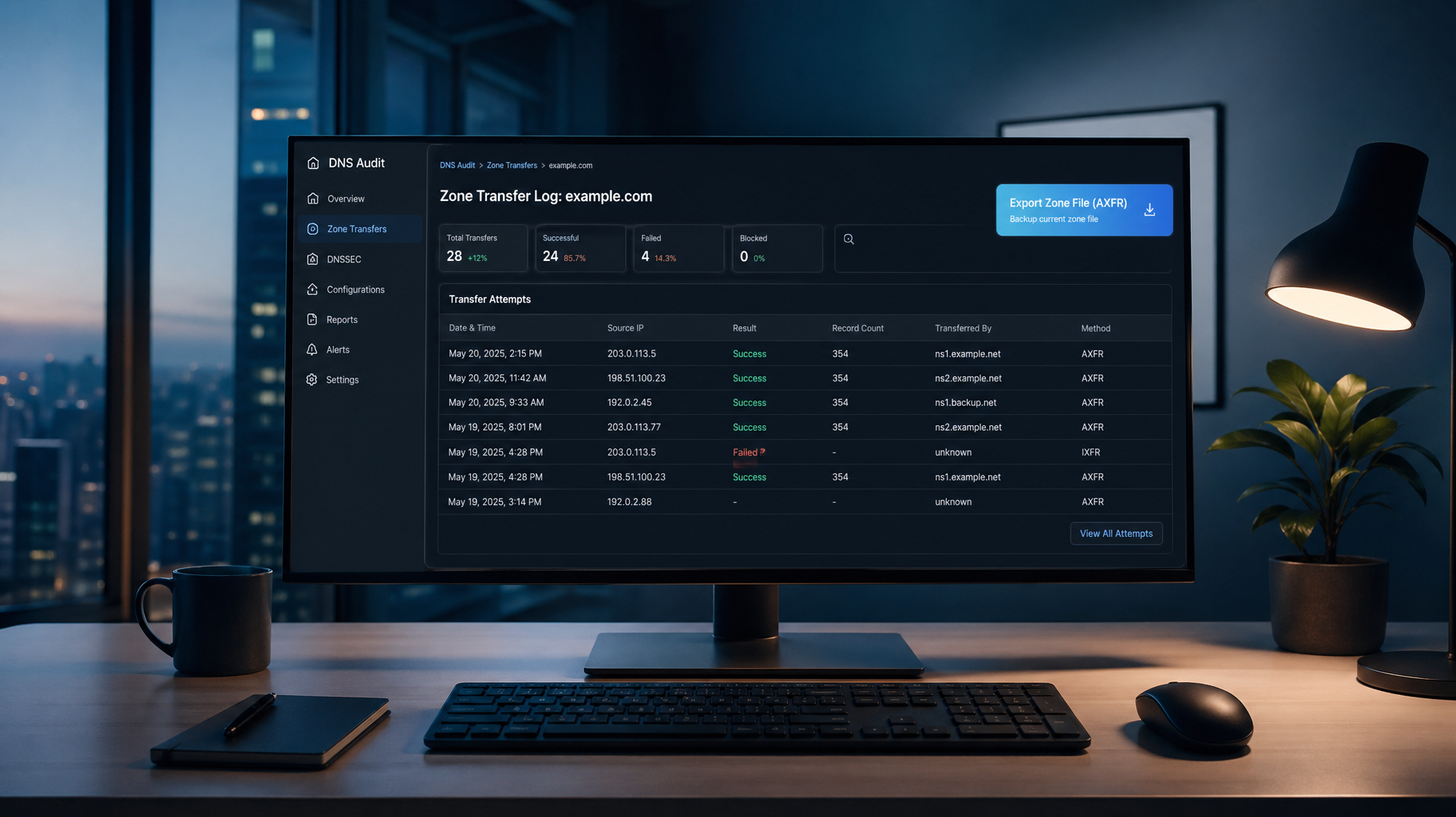 professional viewing a DNS audit log and backup export interface on a monitor.