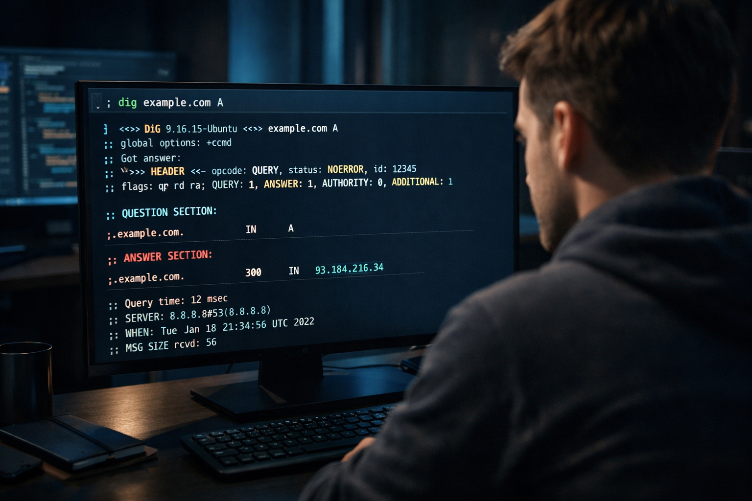An IT professional viewing the output of a 'dig' command in a dark-mode terminal window.