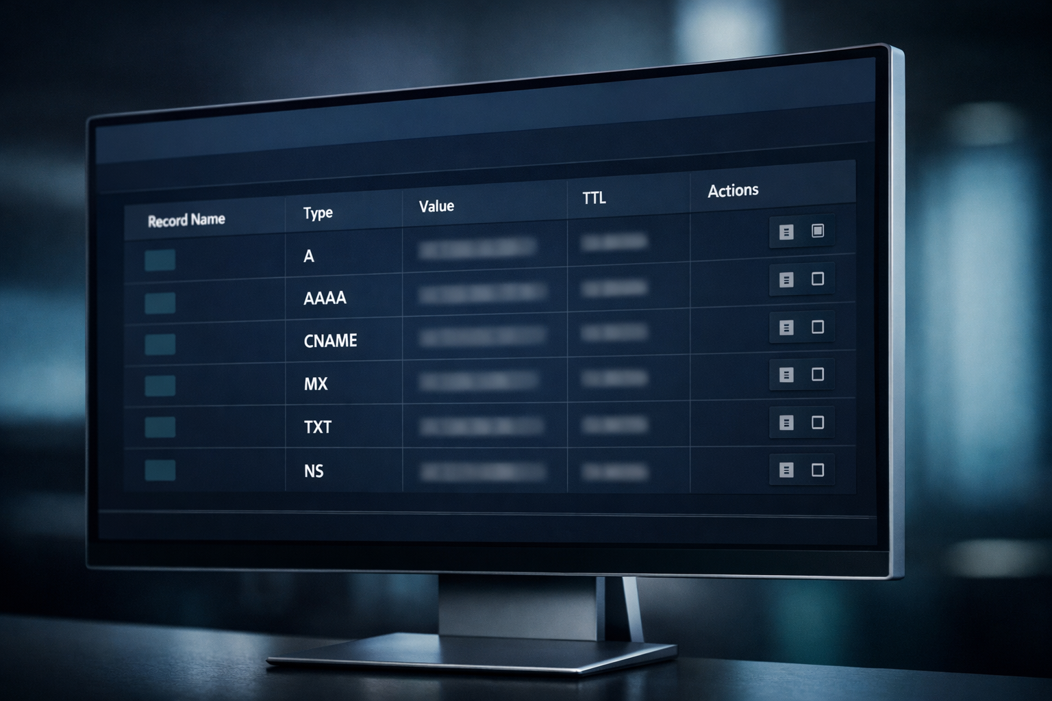 A clean DNS management interface showing rows for A, AAAA, CNAME, MX, TXT, and NS records.