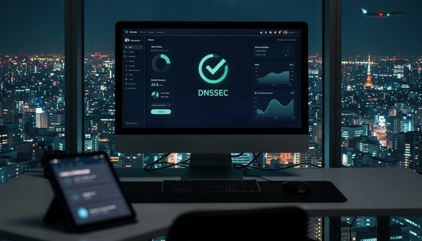 A system status dashboard showing a successful DNSSEC configuration next to a notebook.