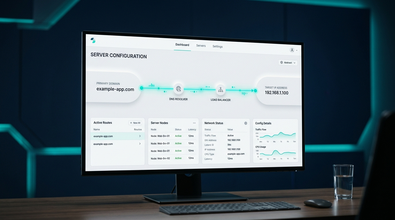 A clean DNS management interface showing rows for A, AAAA, CNAME, MX, TXT, and NS records.