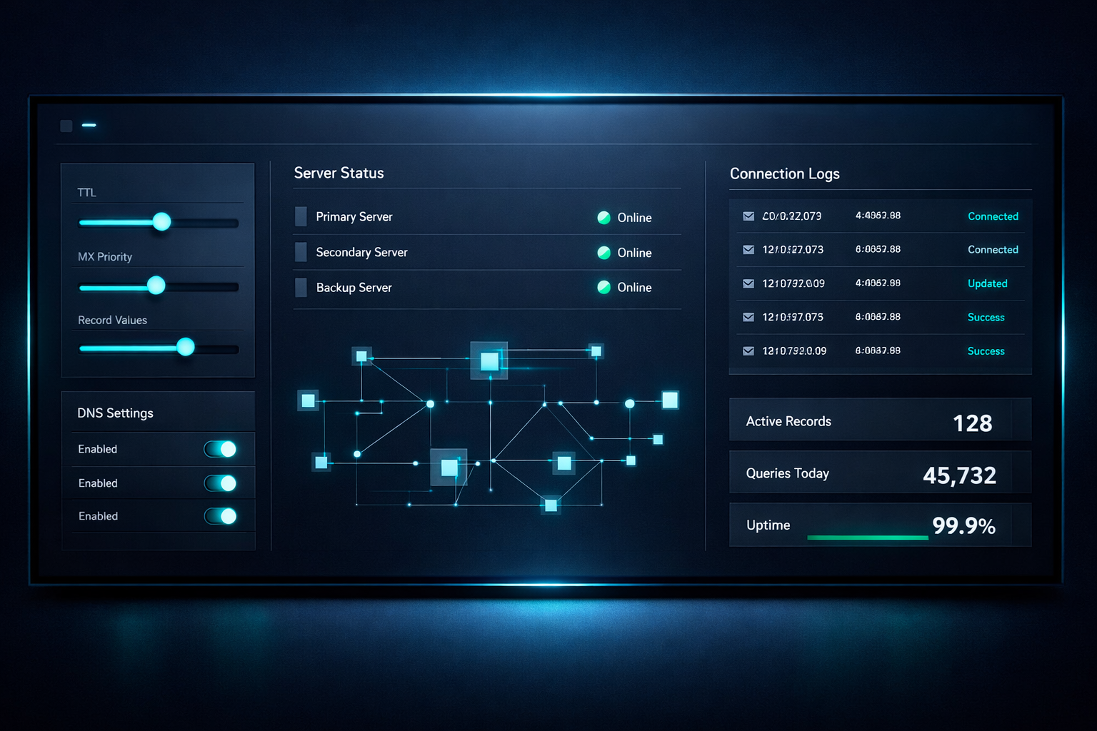 A clean DNS control panel dashboard with active status lights and configuration sliders.