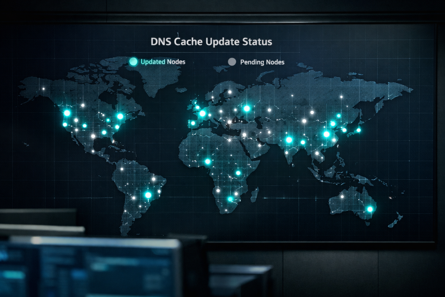 A digital map interface showing partial global propagation of a DNS update.