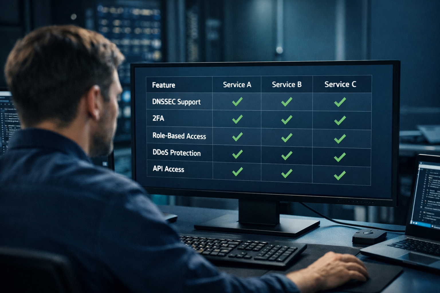 A computer monitor displaying a registrar feature comparison table highlighting DNSSEC and 2FA support.