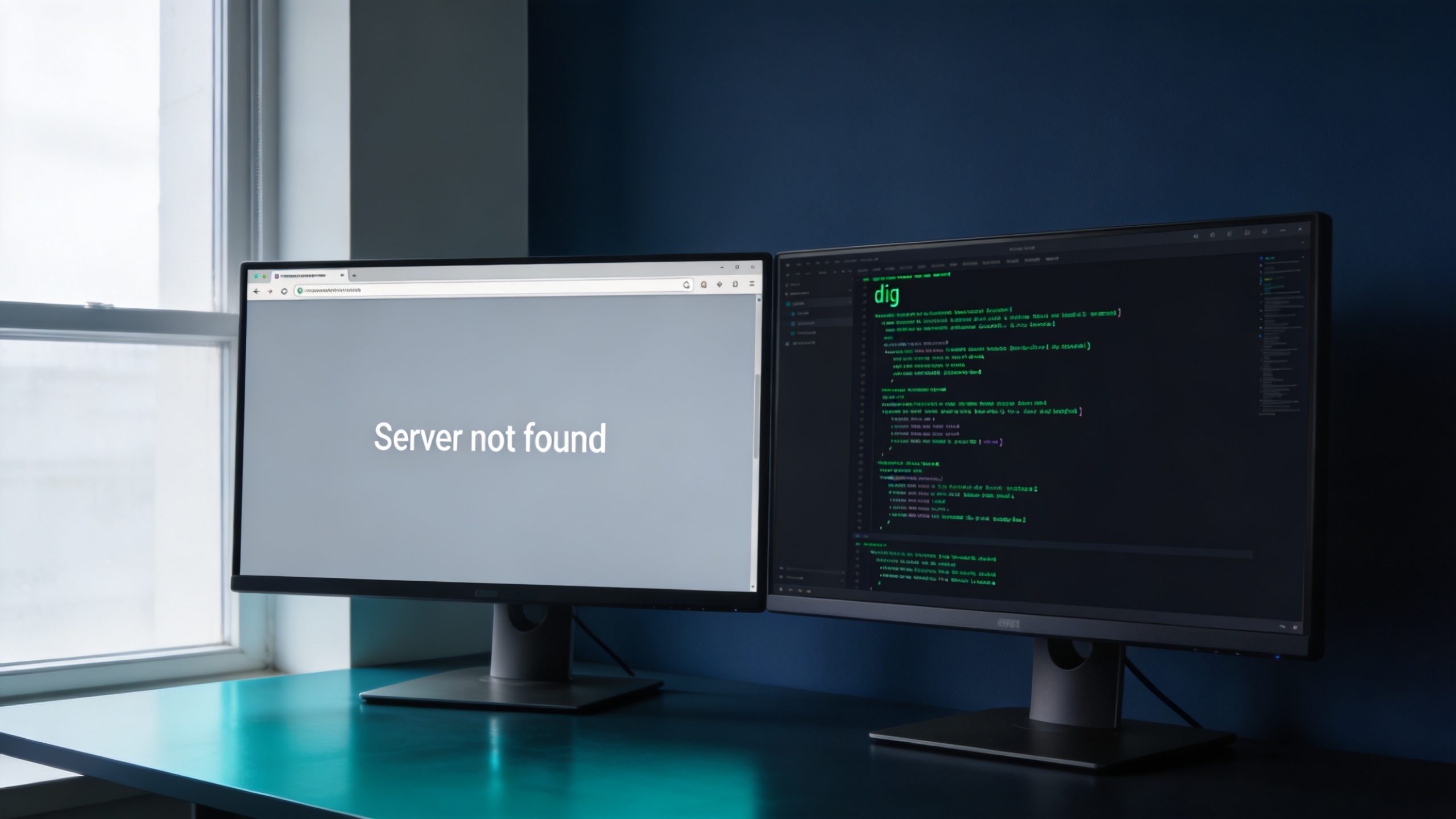 An IT workspace showing a browser "Server not found" error next to a terminal running a 'dig' troubleshooting command.