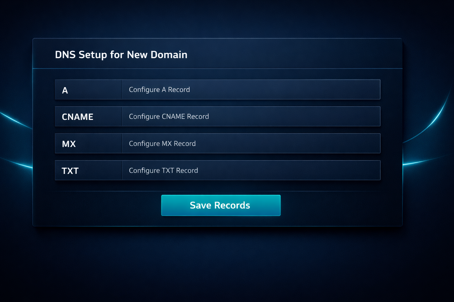 A DNS configuration dashboard showing A, CNAME, MX, and TXT records being saved for a new domain.