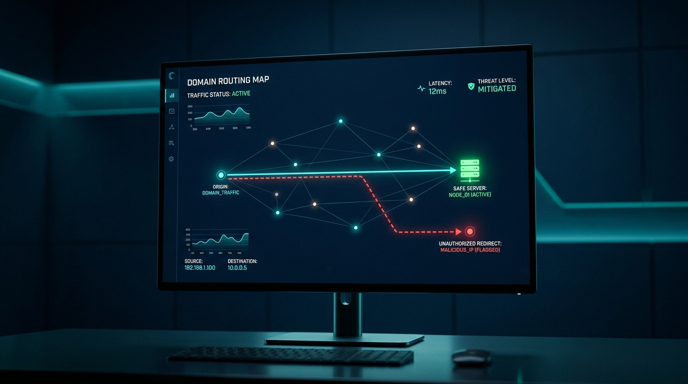 A network routing diagram showing safe domain traffic versus unauthorized redirection.