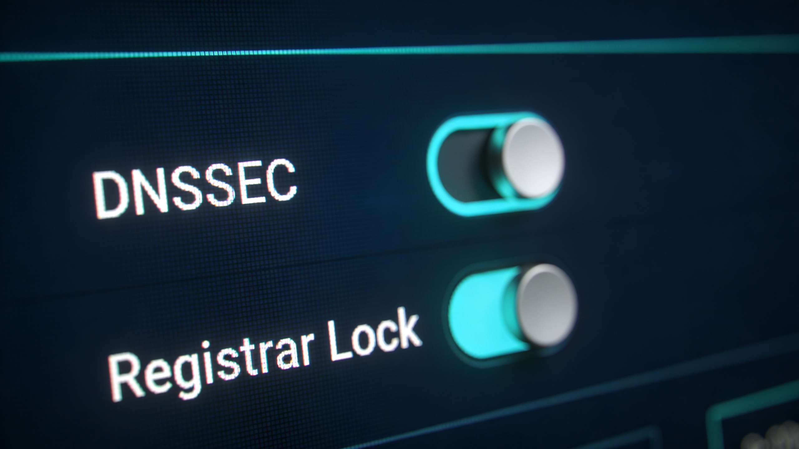 A domain settings dashboard showing DNSSEC and Registrar Lock toggles enabled.