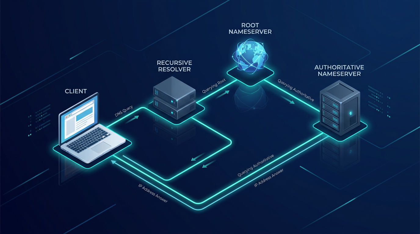 An isometric diagram showing the step-by-step DNS resolution path from client to authoritative nameserver.