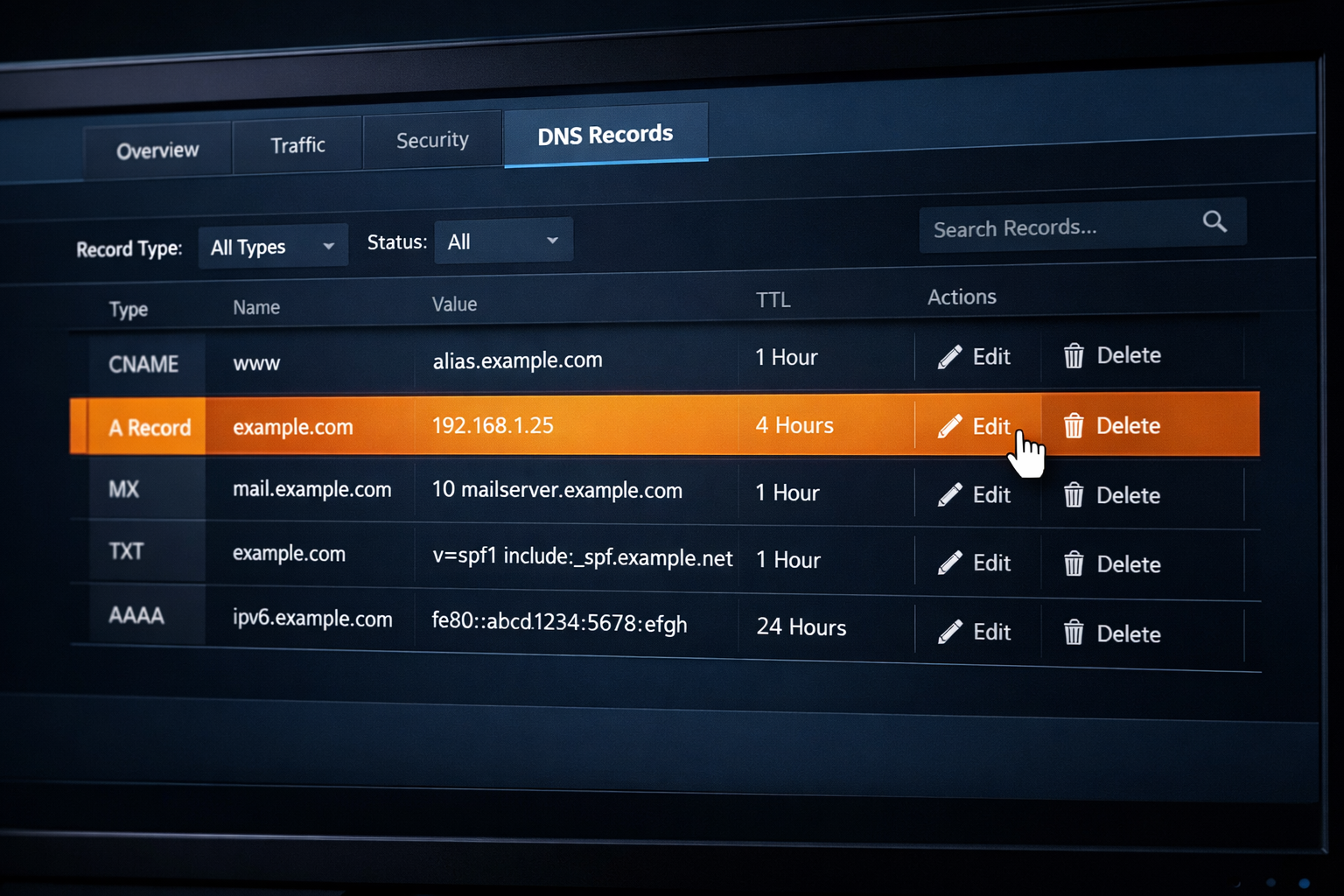 A DNS interface highlighting a warning state before a user deletes a critical record.