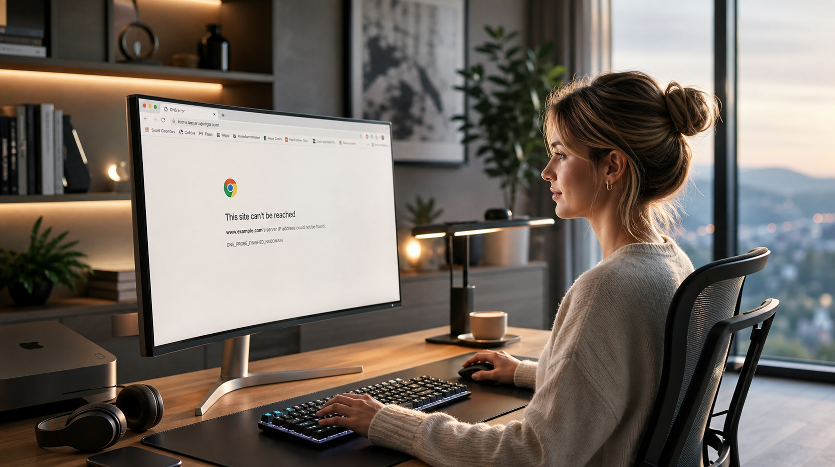 A realistic view of a web developer at her desk looking at a browser screen displaying a "This site can't be reached" DNS error page.