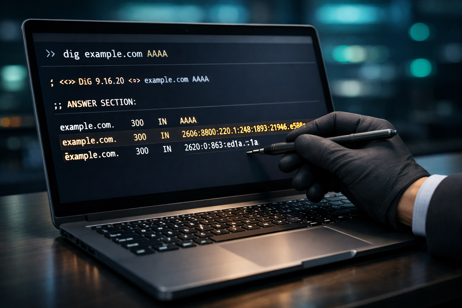 A close-up pedagogical focused interaction of an analyst using a stylus on a tablet screen to analyze detailed DNS AAAA record output.
