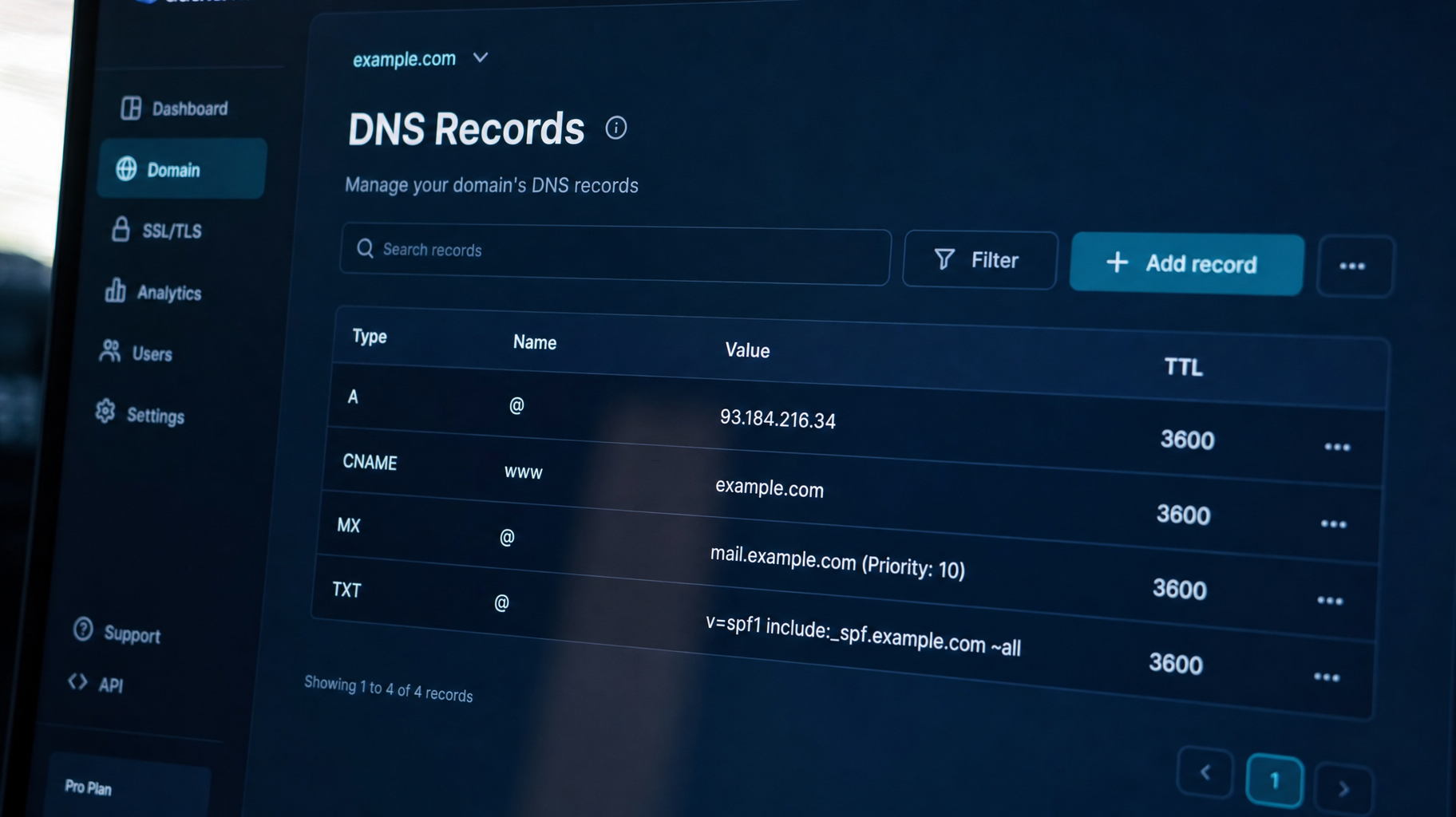 A clean UI dashboard displaying a table of common DNS records including A, CNAME, MX, and TXT.