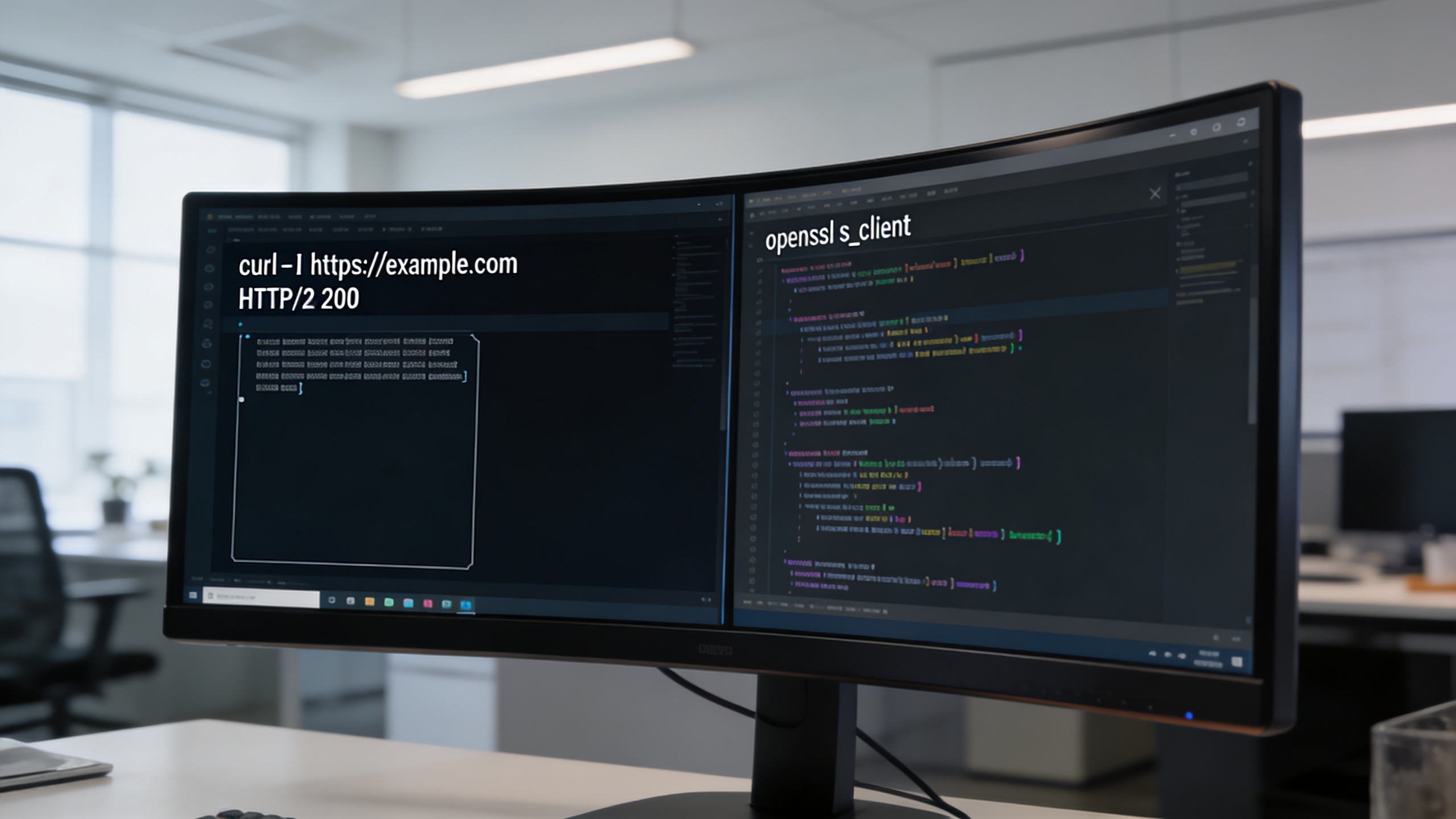 A split-screen monitor displaying a curl command checking HTTP headers alongside an openssl command verifying a certificate.