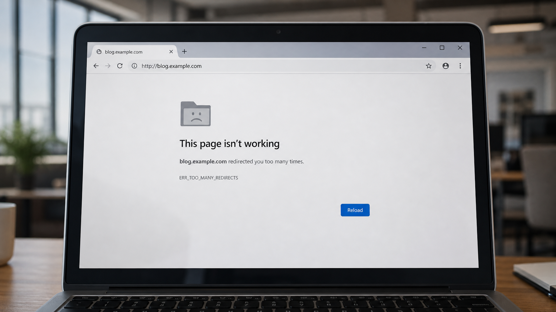 A realistic view of a laptop screen displaying a browser "ERR_TOO_MANY_REDIRECTS" error page.