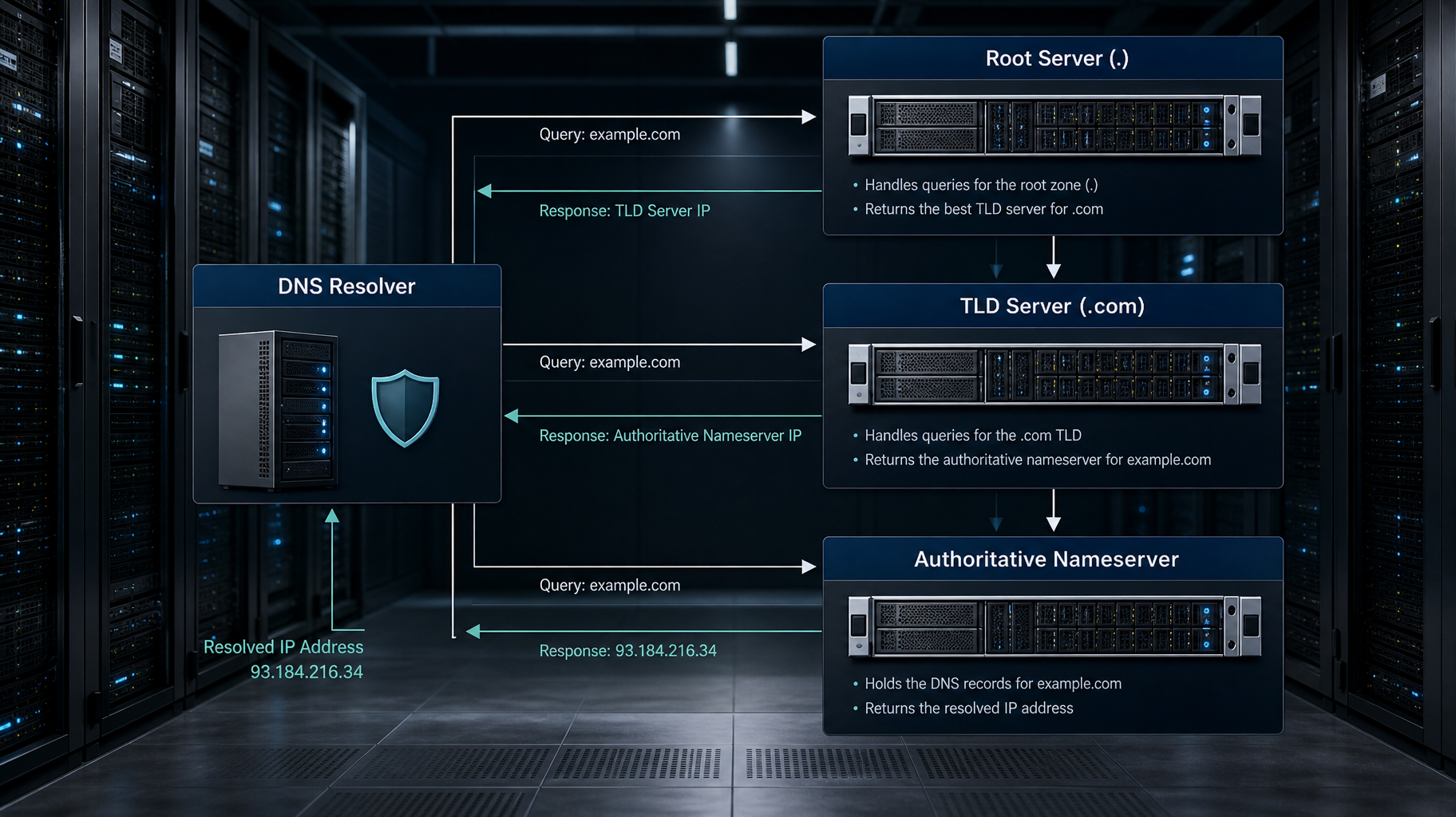 A hierarchical flowchart showing a DNS resolver querying Root, TLD, and Authoritative servers.
