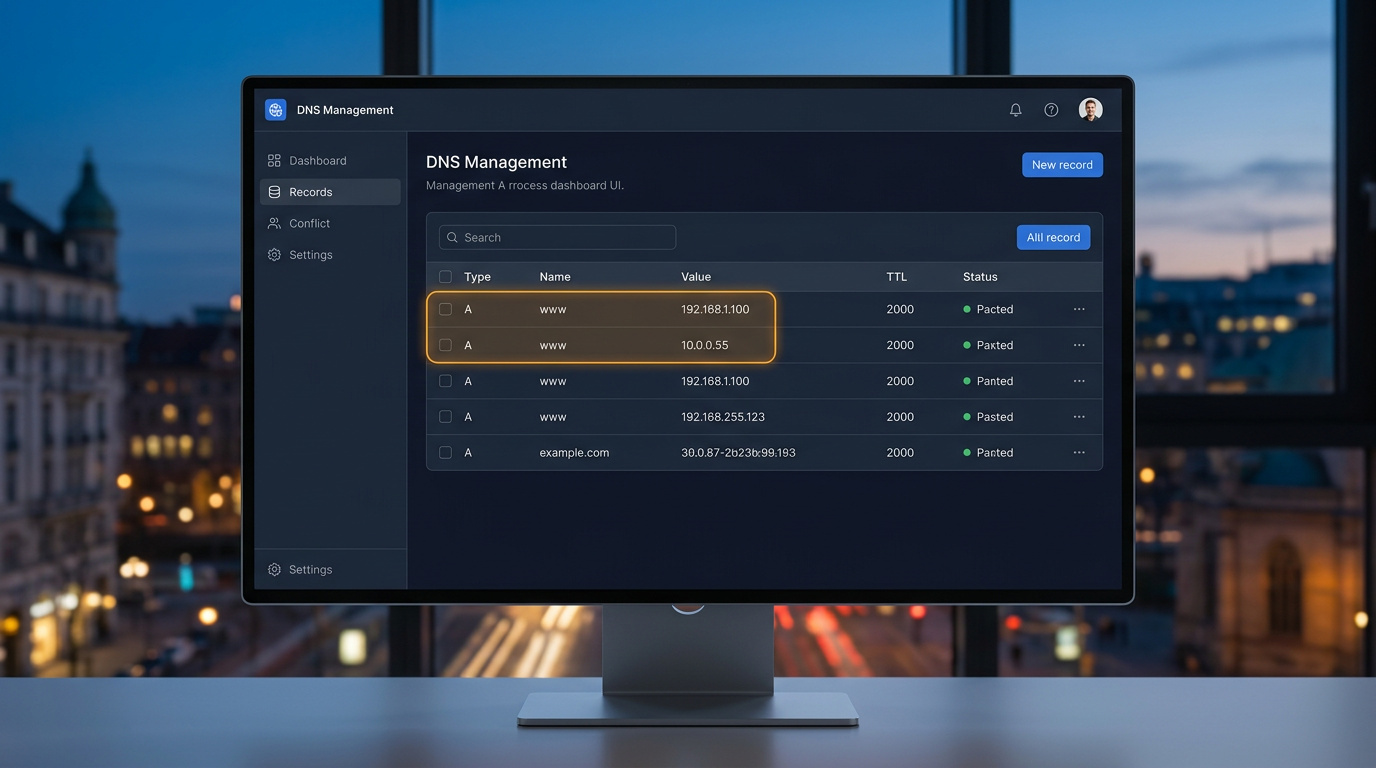 A DNS management dashboard highlighting a conflict where two A records for the same hostname point to different IP addresses.