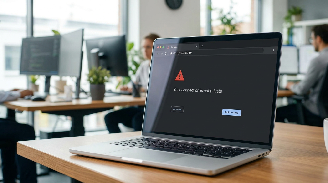 A close-up of a laptop screen displaying a "Your connection is not private" SSL error caused by accessing an IP address directly.