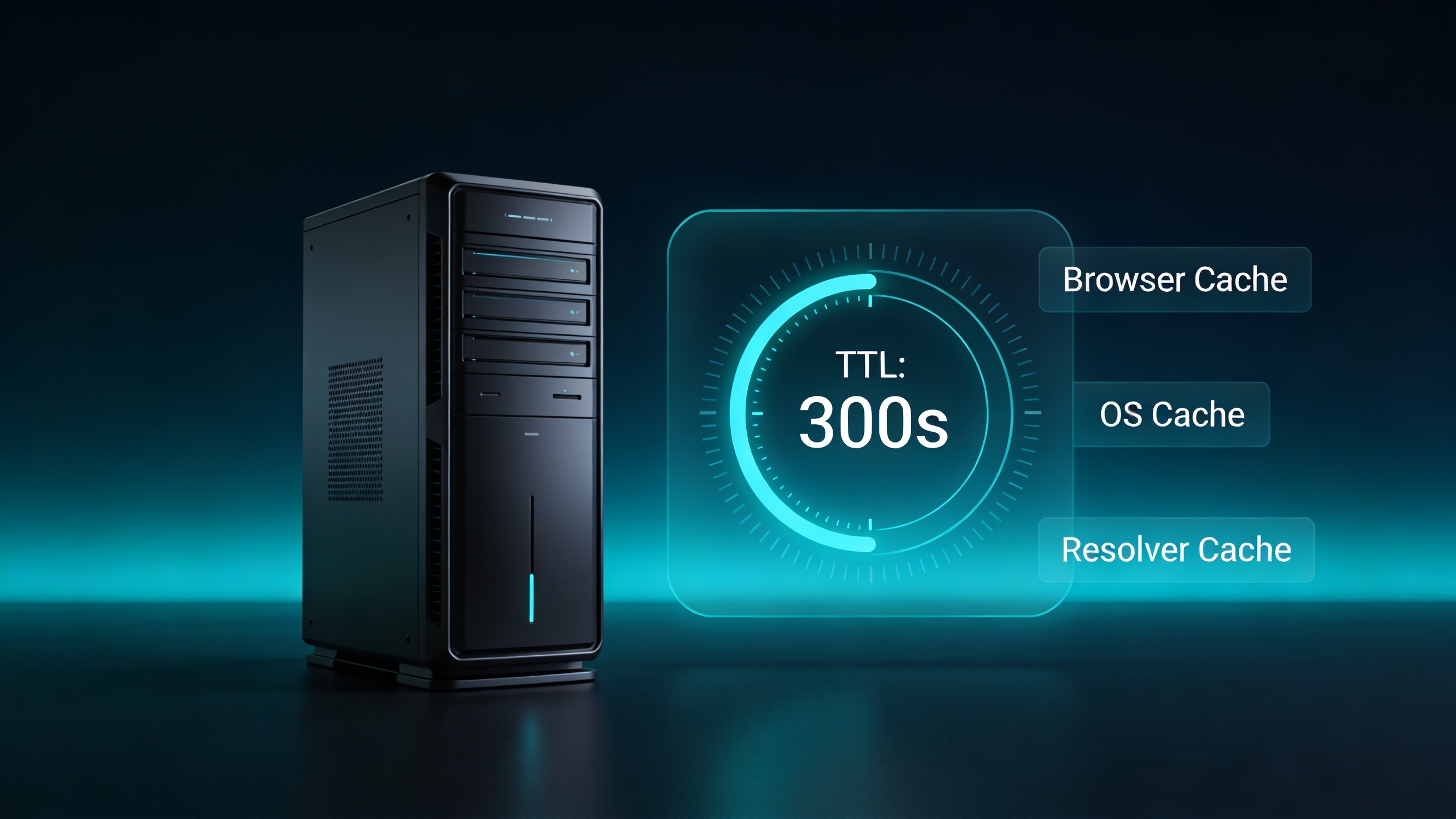 A conceptual graphic showing a server node alongside a digital Time to Live (TTL) countdown timer and cache layers.