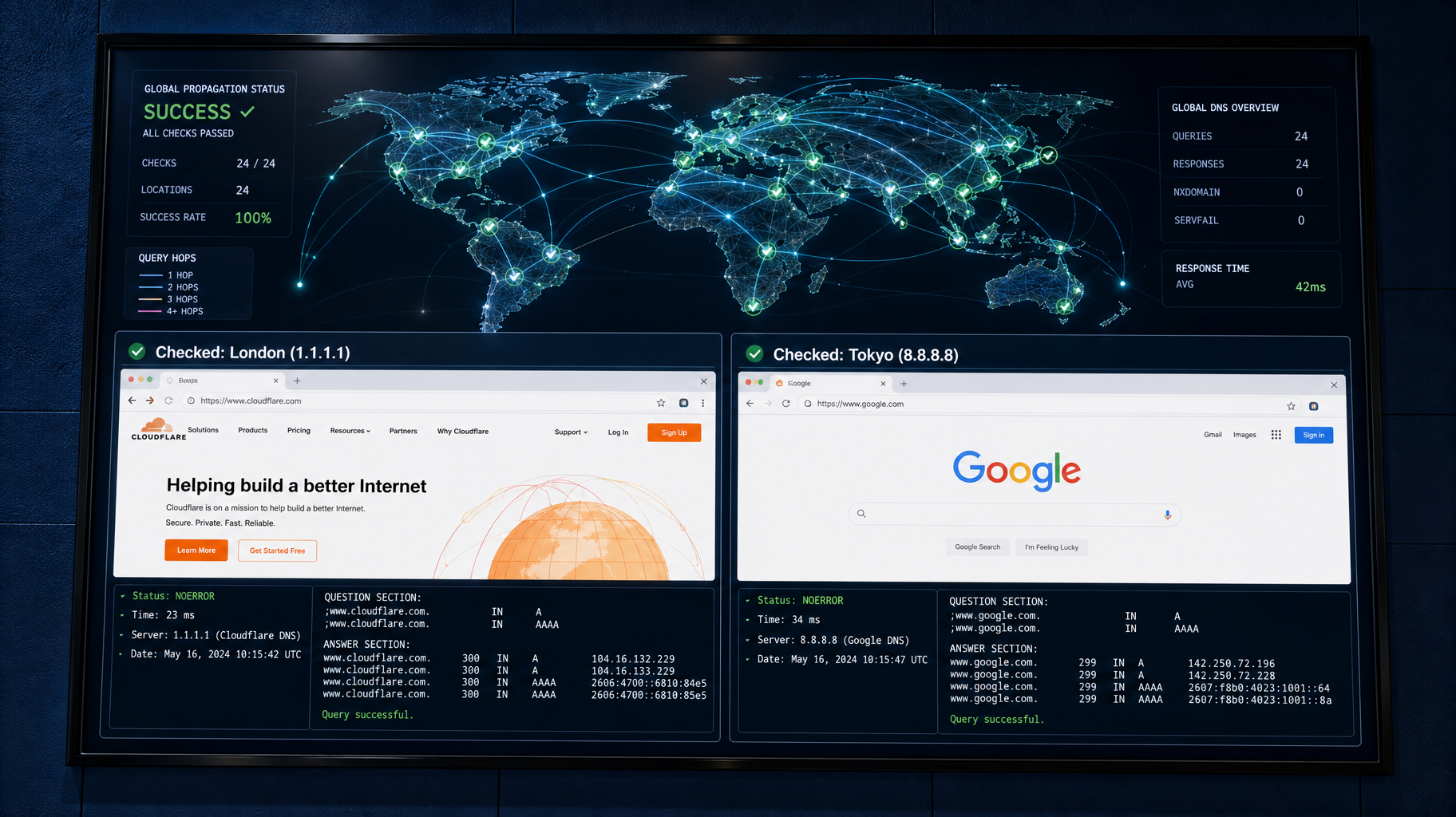 A detailed close-up pedagogical focused view of a premium tech workbench monitor displaying distinct global DNS checks and pedagogical resolve data for London and Tokyo.