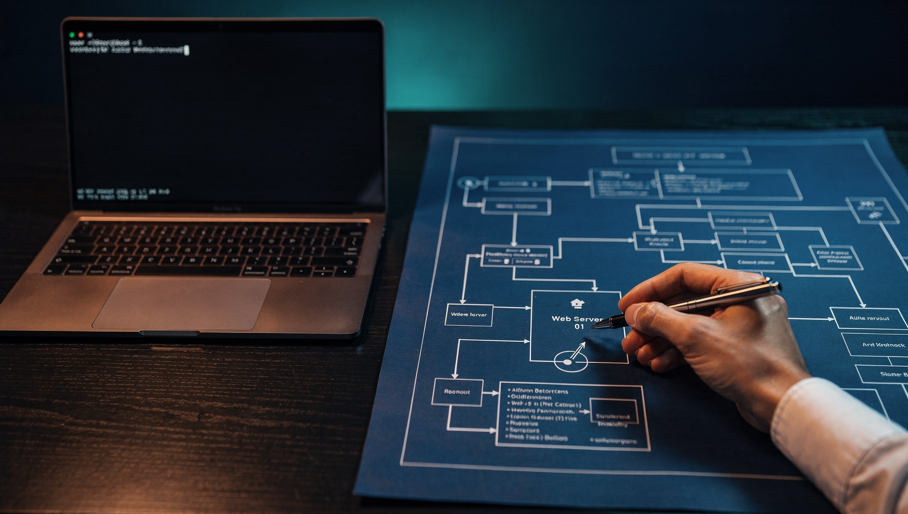 A top-down view of an IT workbench with a network schematic blueprint and an open laptop terminal.