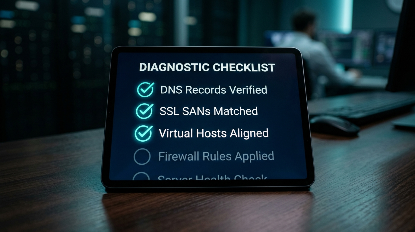 A tablet displaying a completed digital diagnostic checklist verifying DNS, SSL, and Virtual Host alignment.